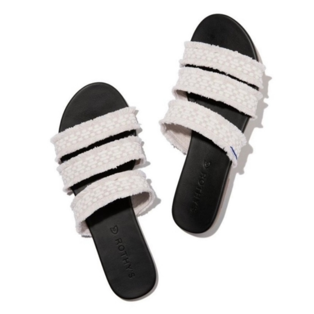 Rothys Sea Shell Fringe Triple Strap Flats Slip On Sandals